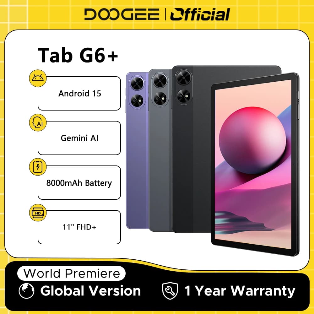 DOOGEE Tab G6+ Tablet Android 15 Gemini Al 11'' Display Dual Speakers 8000mAh Battery 8GB 256GB Support Widevine L1 Smart Pad