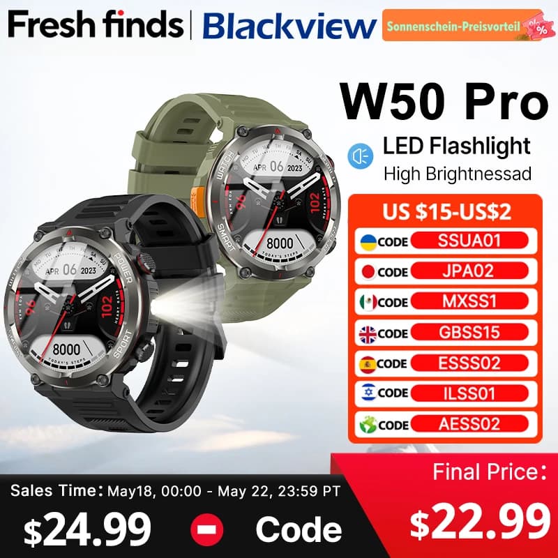 [World Premiere] Blackview W50 Pro Smartwatch 1.45" HD Display Flashlight Bluetooth Phone Call 960mAh Rugged Smartwatch
