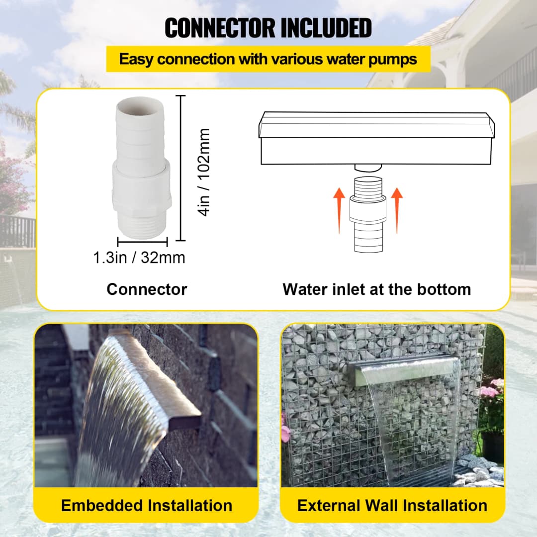 VEVOR Pool Fountain Stainless Steel Pool Waterfall Spillway Pipe Connector Rectangular Garden Outdoor Sturdy Corrosion Proof - 5