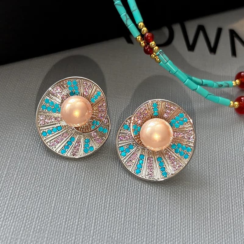 Vintage Elegant Blue Crystal Shell Pearl Conch Shape Stud Earrings for Women Fashion Simple Geometry Round Jewelry Party Gift - 5