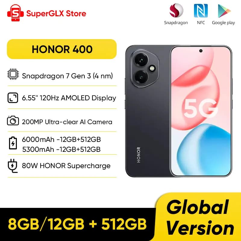 هونر 400 نسخة عالمية هاتف ذكي 5G شاشة 6.55 بوصة 120 هرتز AMOLED كاميرا مزدوجة 200 ميجابكسل معالج Snapdragon 7 Gen 3 بطارية 6000 مللي أمبير شحن فائق 80 واط