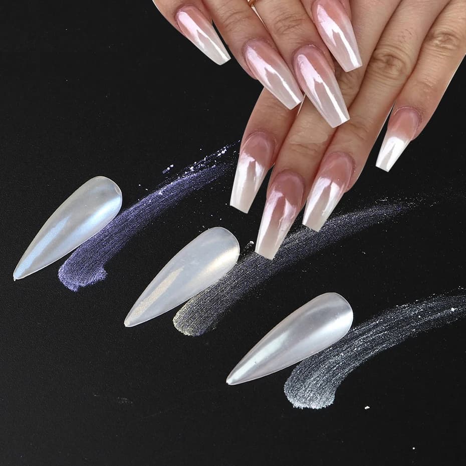 Moonlight Pearl White Nails Glitter Dust Chrome Aurora White Rubbing on Powder Shell Mirror Pigment Nail Art Supplies Decoration - 3