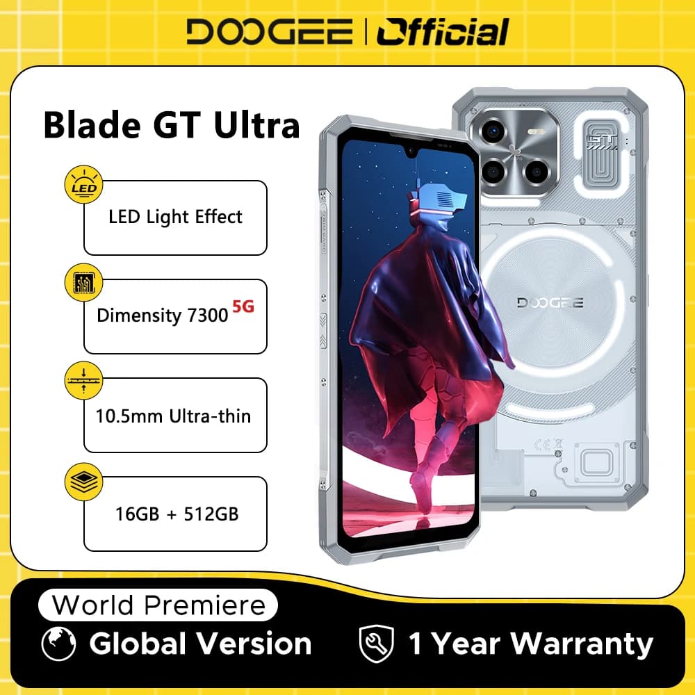 هاتف DOOGEE Blade GT Ultra 5G المتين بمعالج Dimensity 7300 وشاشة 6.72 بوصة وذاكرة رام 16 جيجابايت وذاكرة داخلية 512 جيجابايت وتأثير إضاءة LED وهاتف ذكي فائق النحافة