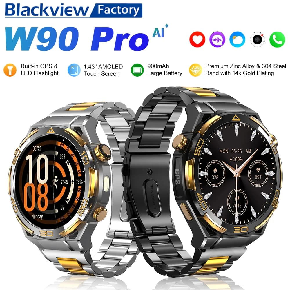 Blackview W90 Pro Smartwatch 1.43" AMOLED Display 900mAh Blood GPS Trace Oxygen,Bluetooth Calling Heart Rate Monitor Watch Men