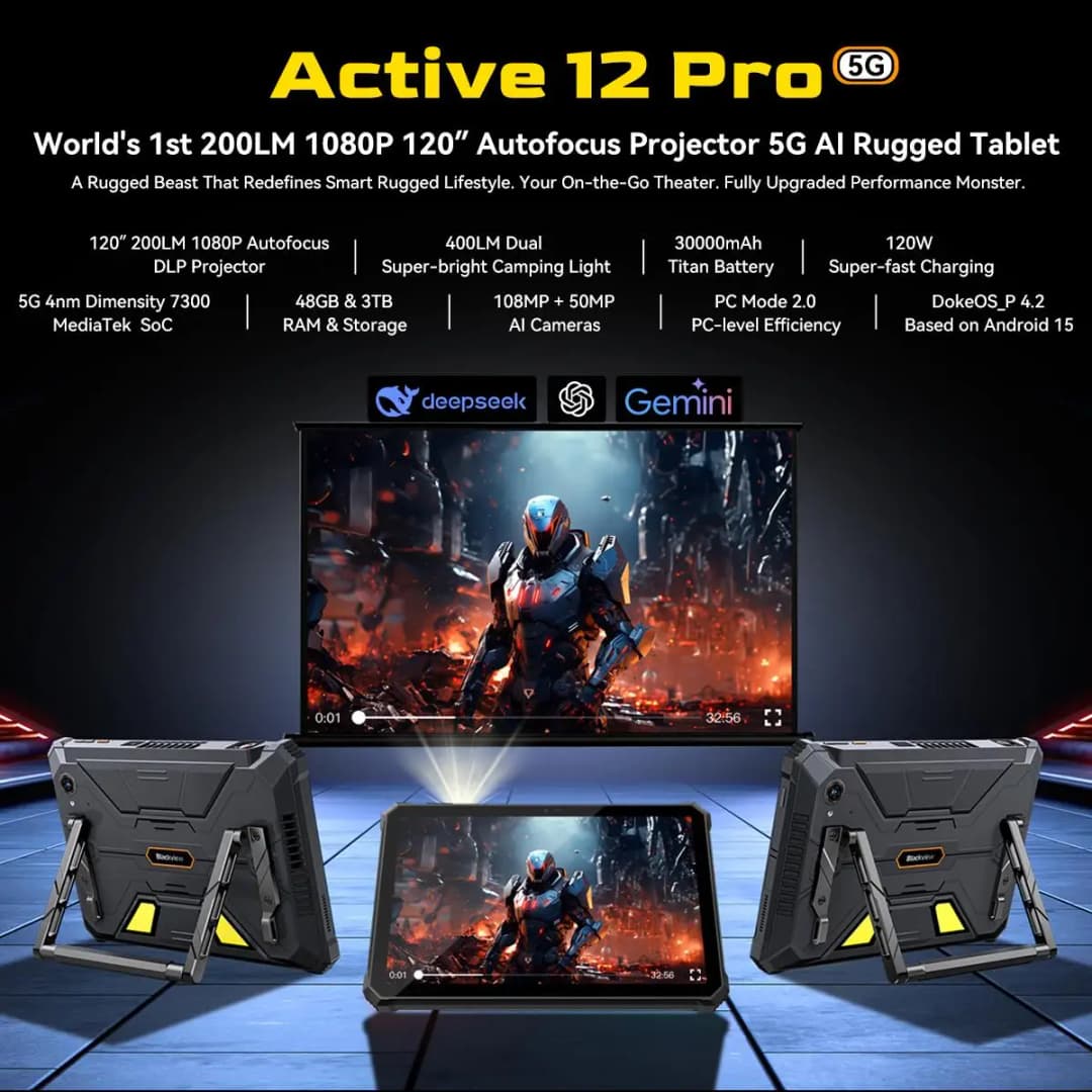Blackview Active 12 Pro Tablet PC Projector 5G 11" 12GB+256GB/ 16GB+1TB 108MP Camera 30000mAh 120W Android 15 Google Play NFC - 2