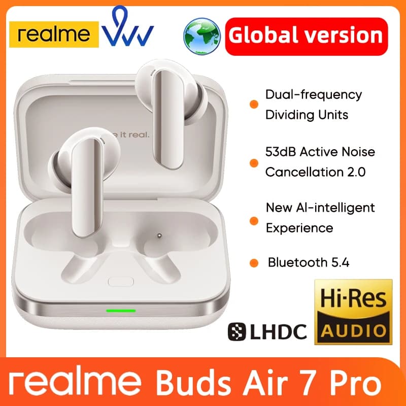 الإصدار العالمي realme Buds Air 7 برو LHDC 5.0 بلوتوث 5.4 ترجمة فورية بالذكاء الاصطناعي إلغاء ضوضاء 53dB بعمق البحر