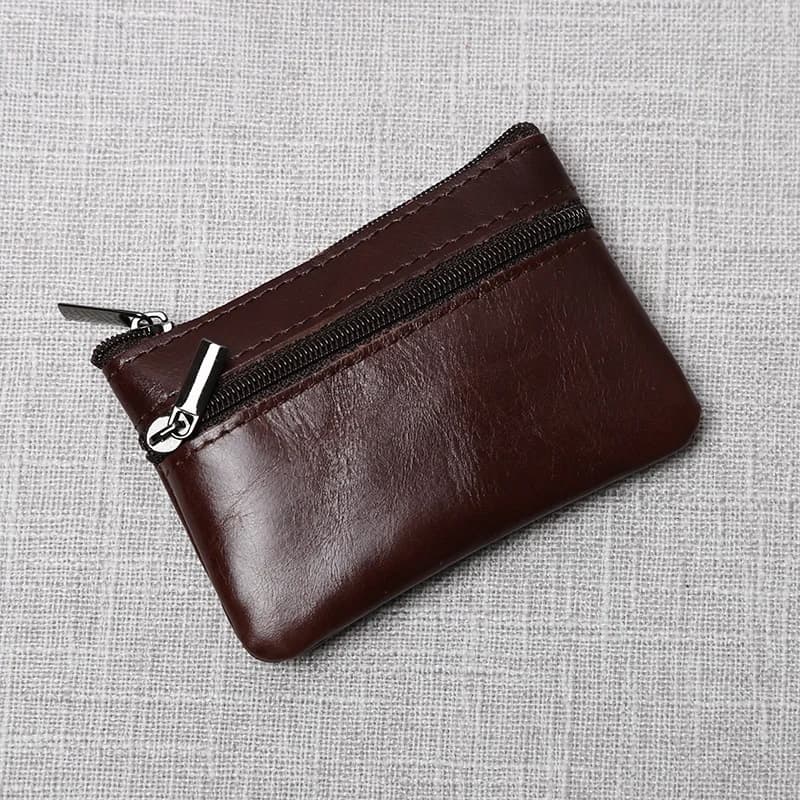 Leather Mini Coin Purse Unisex Simple Portable First Layer Cowhide Retro Handmade Zipper Small Wallet Key Case - 3