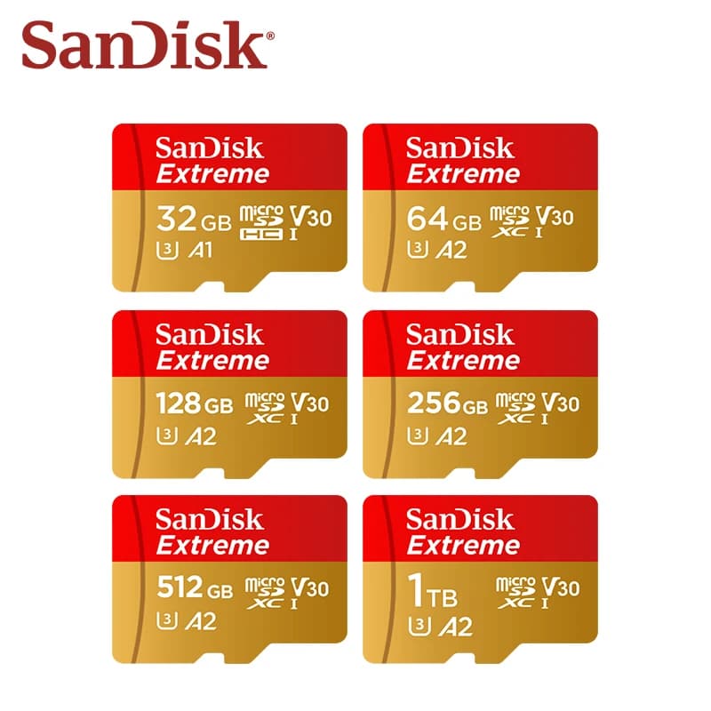SanDisk Extreme MicroSDXC UHS-I CARD V30 A2 Memory Card 32GB 64GB 128GB 256GB 512GB 1TB Micro SD Card Max 190Mb/s Flash TF Card