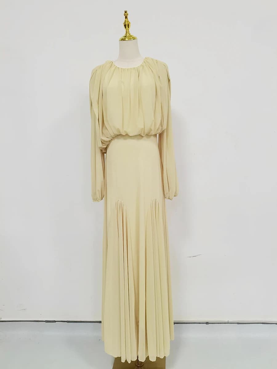 VGH Yellow Dinner Loose Folds Maxi Dresses for Women O Neck Shoulder Pud High Waist Temperament Dress Female Fashion Clothing - 4