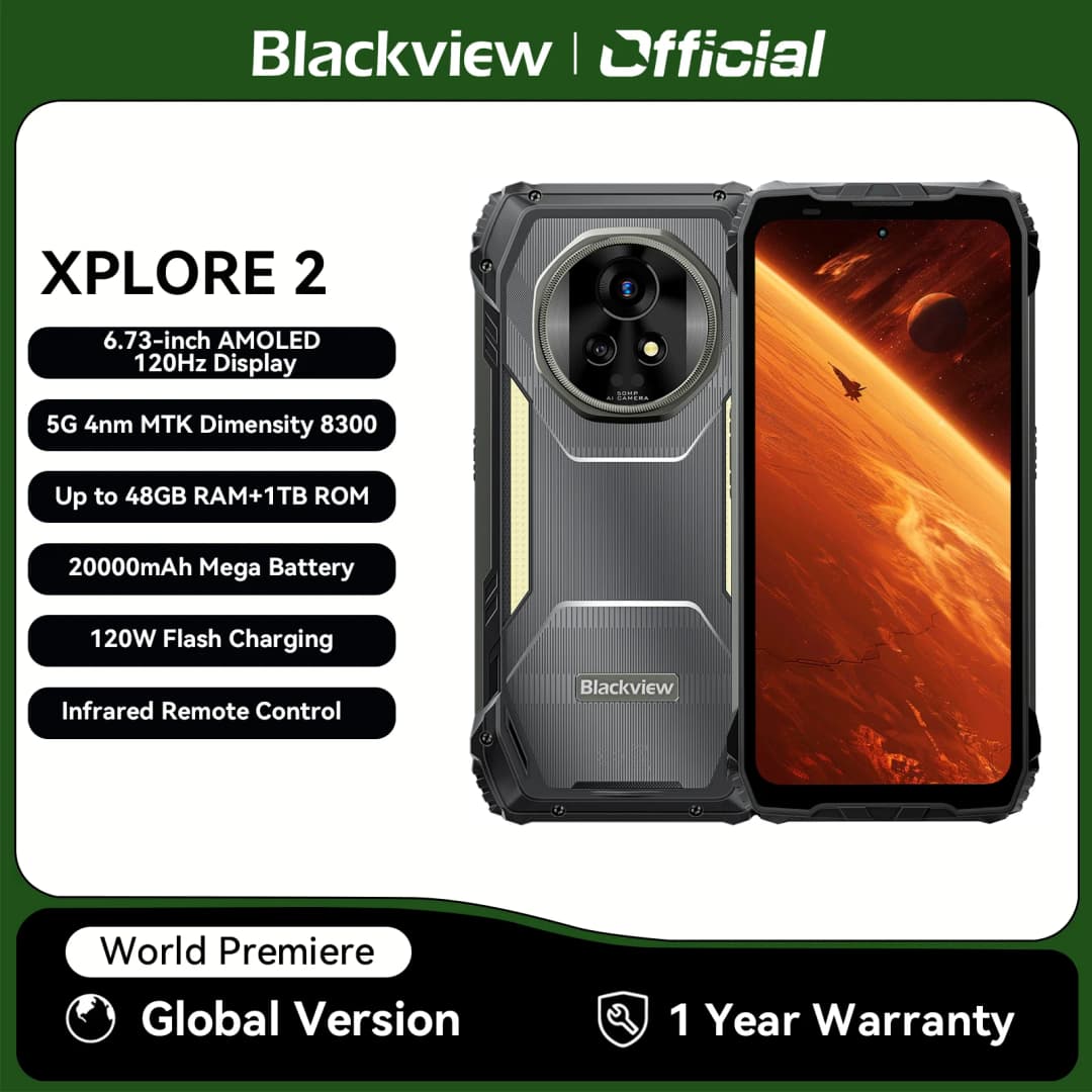 هاتف ذكي متين Blackview XPLORE 2 5G، شاشة 6.73 بوصة AMOLED، بطارية 20000mAh شحن سريع 120W، كاميرا 50MP، هاتف محمول خارجي