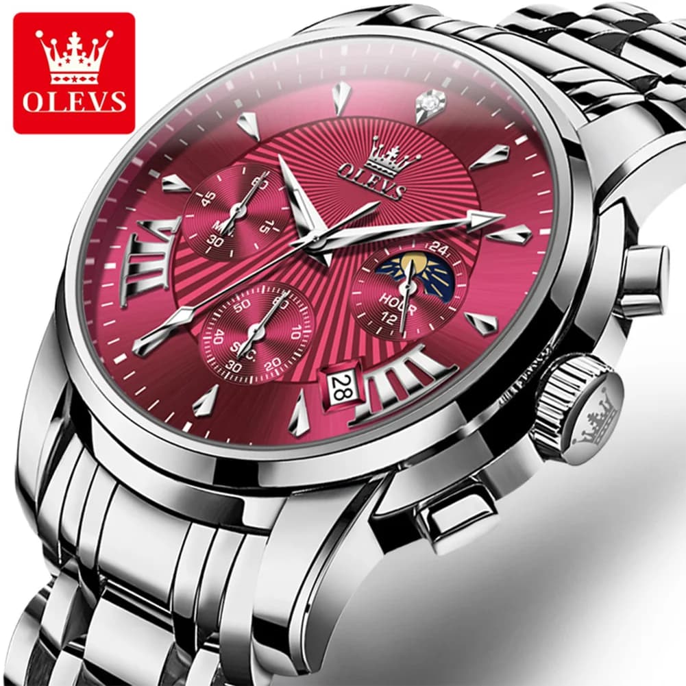 OLEVS Brand Fashion Red Watch For Men Luxury Sport Waterproof Stainless Steel Chronograph Quartz Watches Mens Relogio Masculino - 4