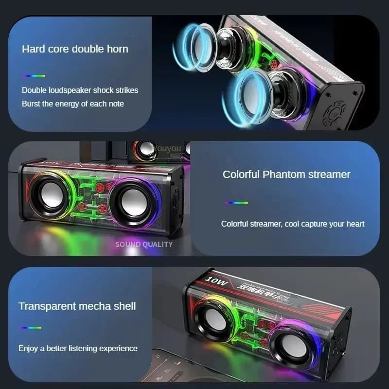 V8 Transparent Mecha Speakers Bluetooth 5.0 Wireless Double Bass Diaphragm Subwoofer Music TWS RGB Light Mini Party Loudspeaker - 3