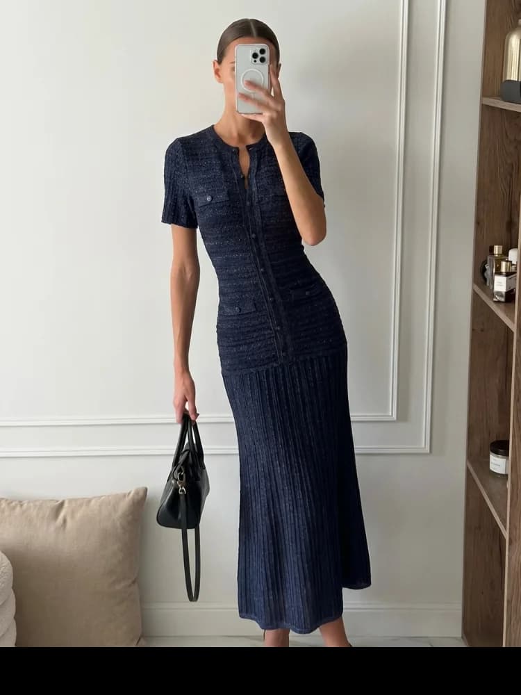 Elegant French Sequin Knit Maxi Dress Women Round Neck Cinched Waist Short Sleeve Button Detail Robe Summer Party Evening Gown