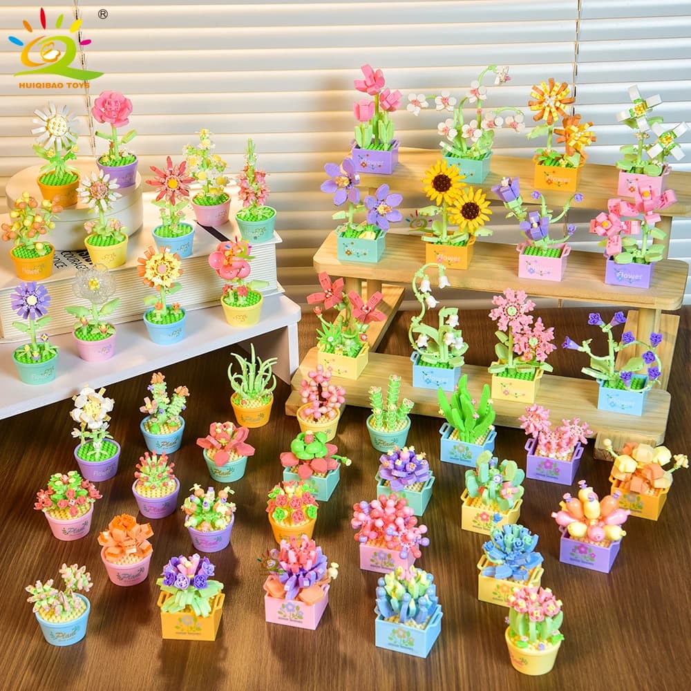 قالب بناء نموذج نبات عصاري مزهر HUIQIBAO MOC زهور أبدية ديكور منزلي مكتبي هدية للفتيات لعبة للأطفال