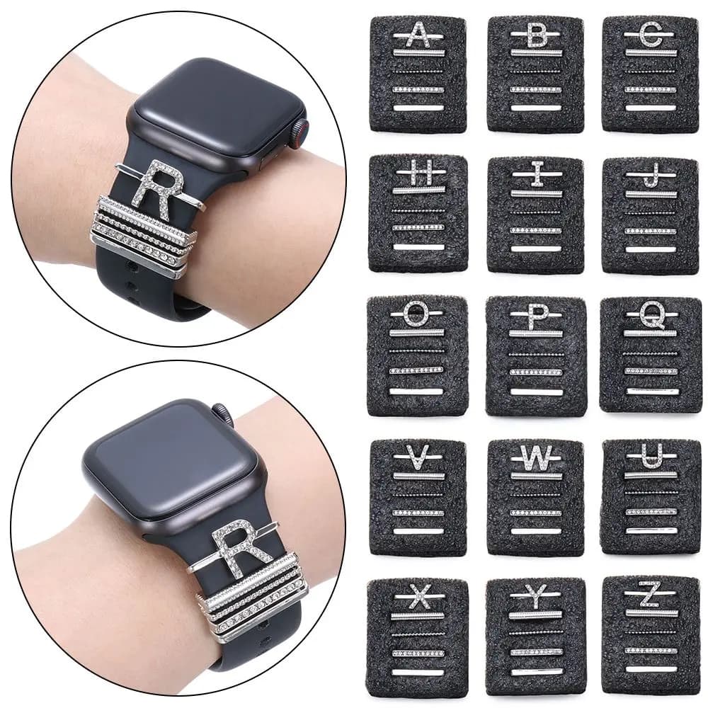 26 Letters Metal Charms Decorative Ring For Apple Watch Band Diamond Ornament Smart Watch Silicone Strap Bracelet Accessories