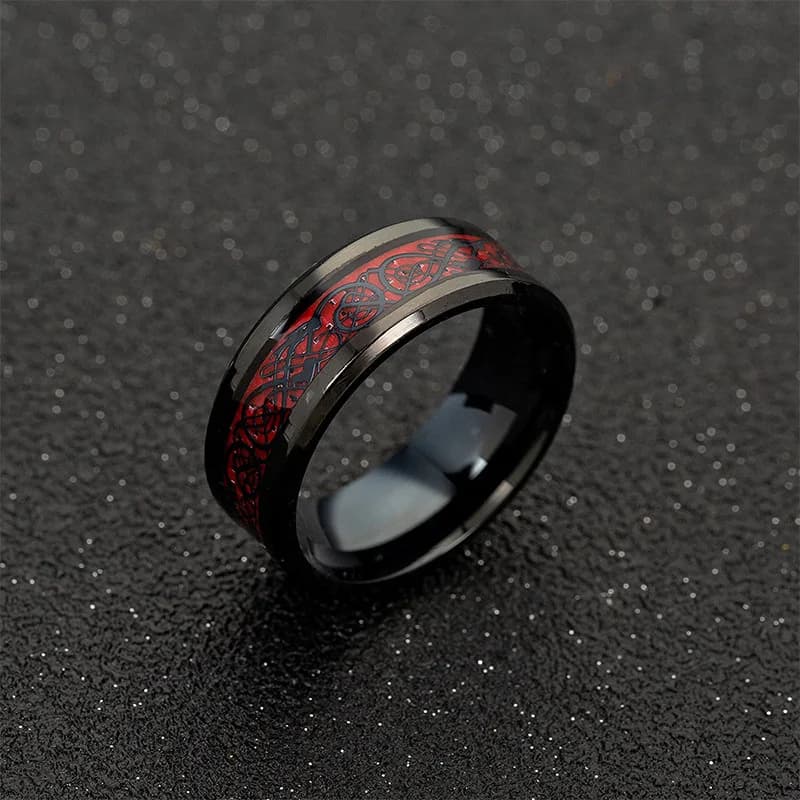 Classic 8mm Black Tungsten Wedding Celtic Dragon For Men Fashion Stainless Steel Red Carbon Fiber Ring Band - 2