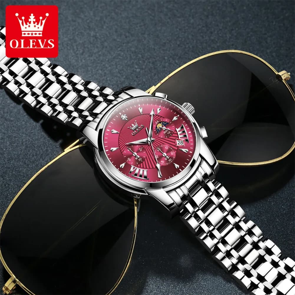 OLEVS Brand Fashion Red Watch For Men Luxury Sport Waterproof Stainless Steel Chronograph Quartz Watches Mens Relogio Masculino - 3