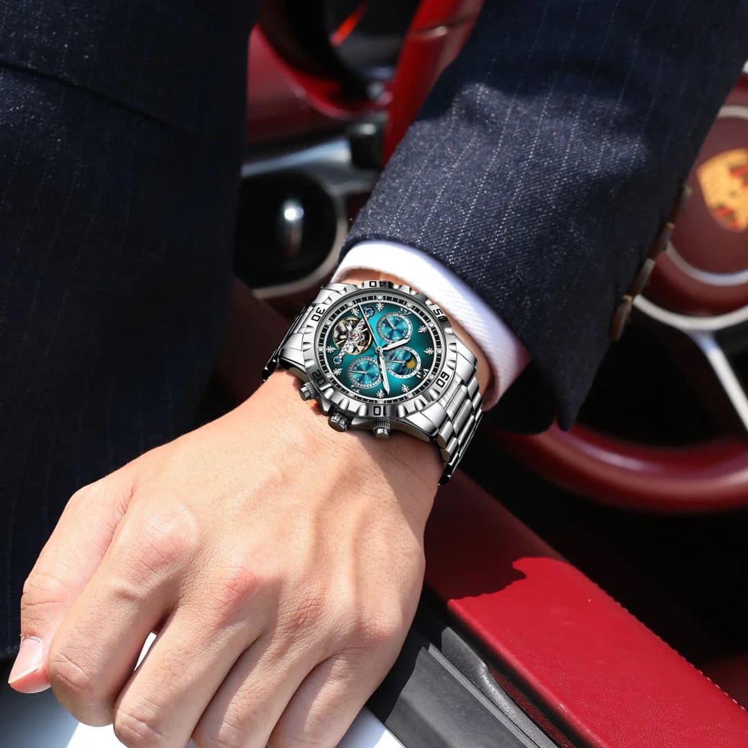 POEDAGAR Military Luxury Men Clock Mechanical Waterproof Man Watch Hollow Tourbillon Automatic Stainless Steel Men's Watches+Box - 4
