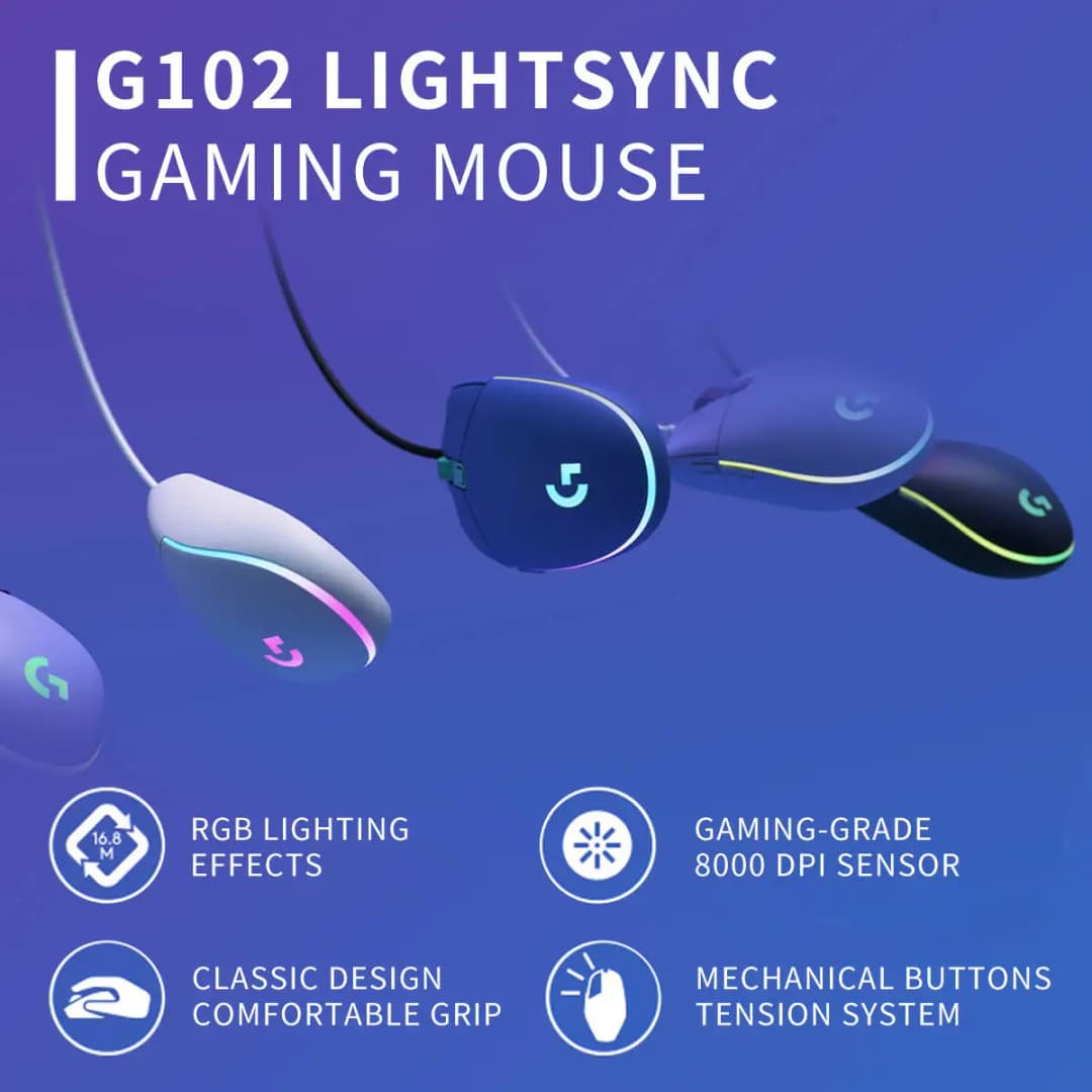 ماوس الألعاب الرسمي Logitech G203 G102، اتصال سلكي USB، إضاءة RGB رائعة، 8000 نقطة في البوصة، مثالي للمبتدئين والمحترفين - 2