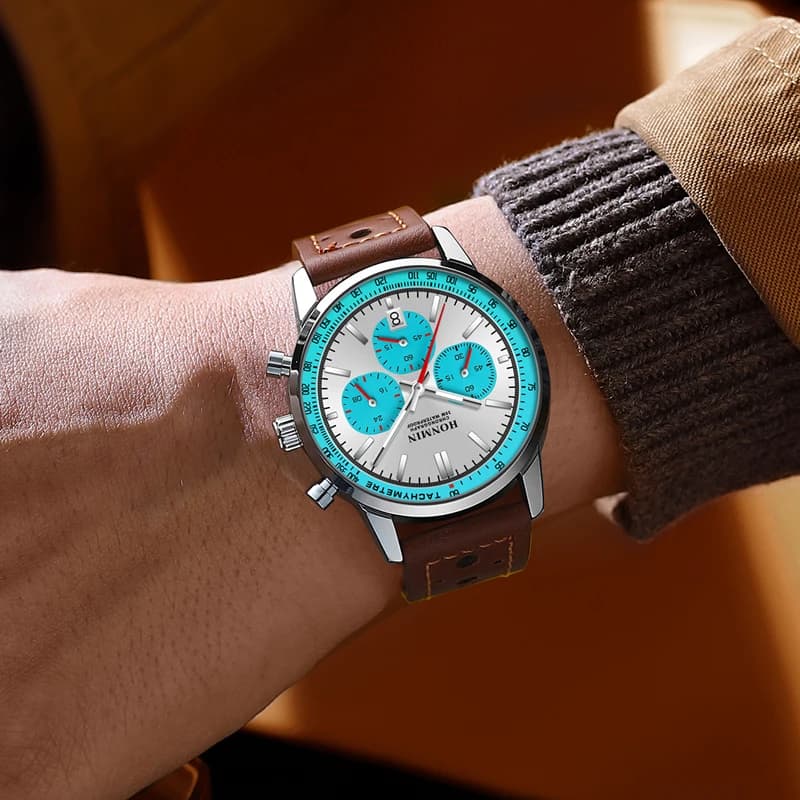 ساعة HONMIN رجالية فاخرة عالية الجودة، مقاومة للماء، كرونوغراف مضيء، ساعة يد جلدية، كوارتز كاجوال - 2