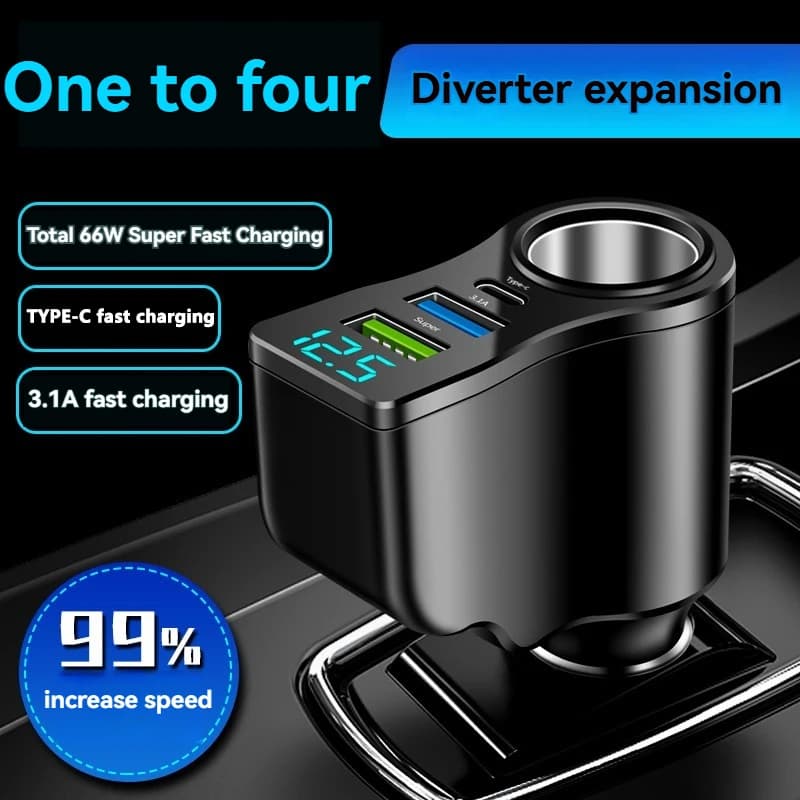 New digital display car fast charging dual USB car charger car one to three cigarette lighter 66W car multifunctional charger - 2