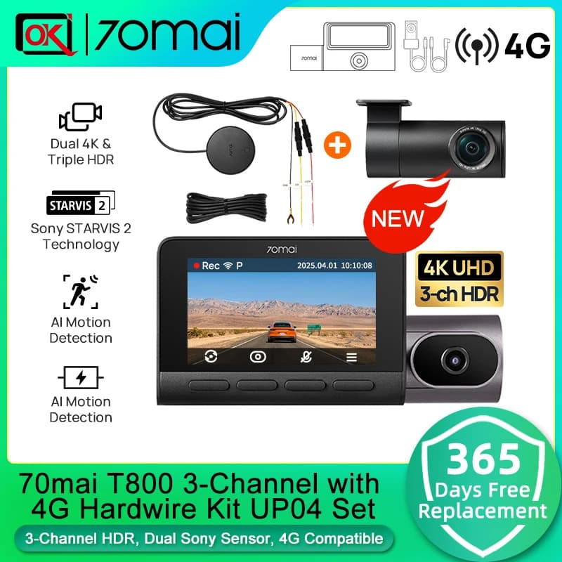 مسجل سيارة 70mai DVR 4K T800 مع وحدة 4G UP04، سوبر كاباسيتور، 3 قنوات HDR، واي فاي 6، GPS، تحكم عن بعد، تنبيهات في الوقت الفعلي