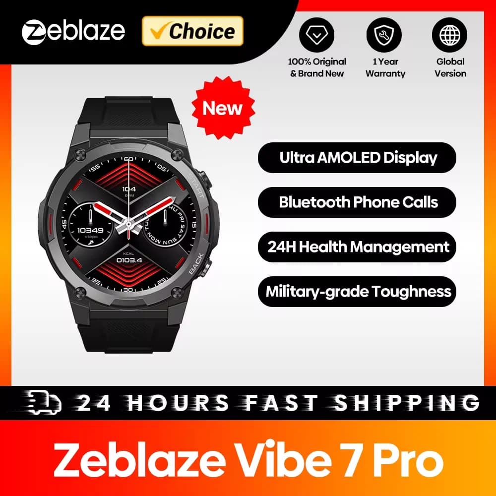 ساعة ذكية Zeblaze VIBE 7 PRO، شاشة AMOLED 1.43 بوصة، إجراء/استقبال المكالمات، إدارة الصحة، ساعة رياضية للرجال