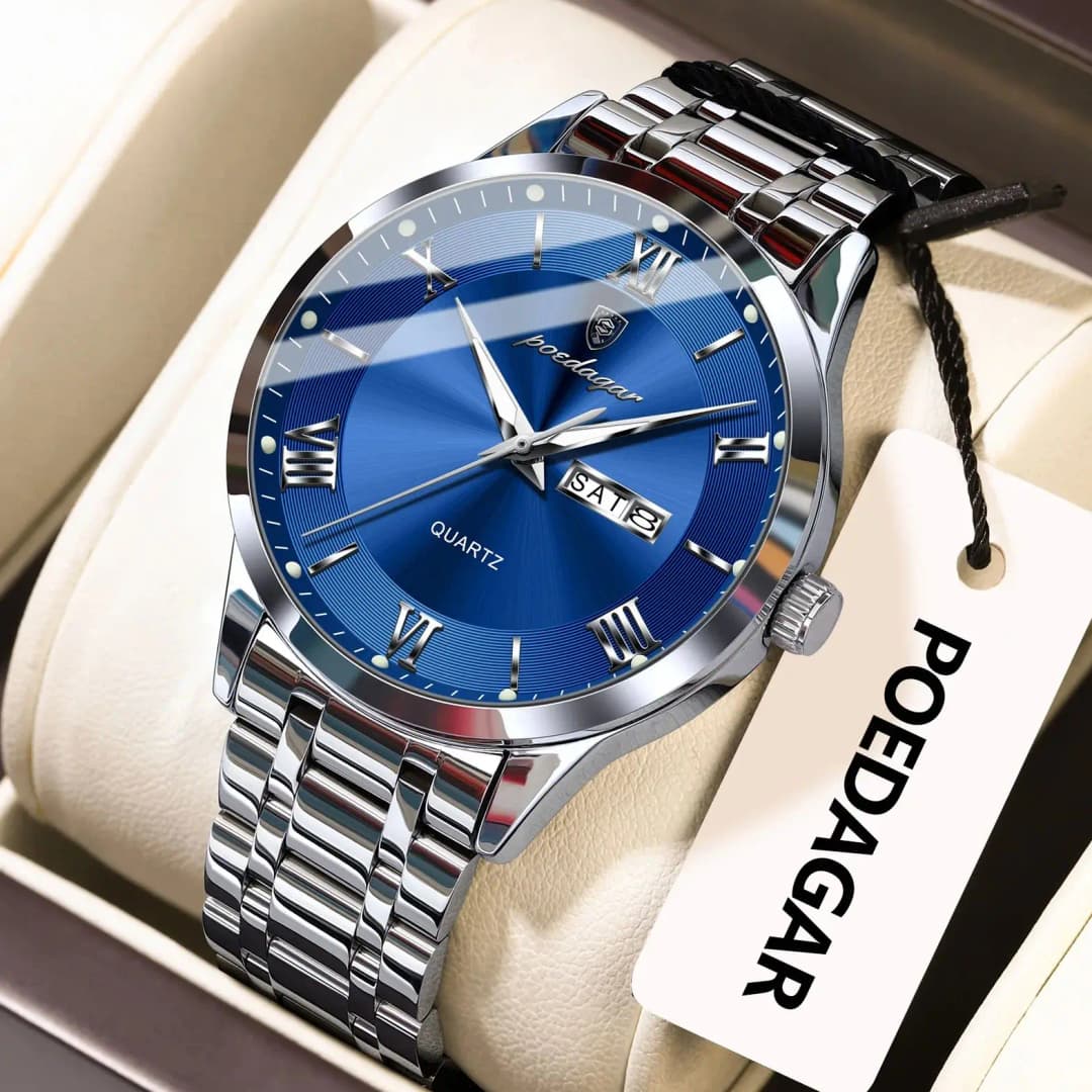 POEDAGAR Luxury Man Clock Waterproof Luminous Week Date Fashion Men's Wristwatch Stainless Steel Business Quartz Watches For Men