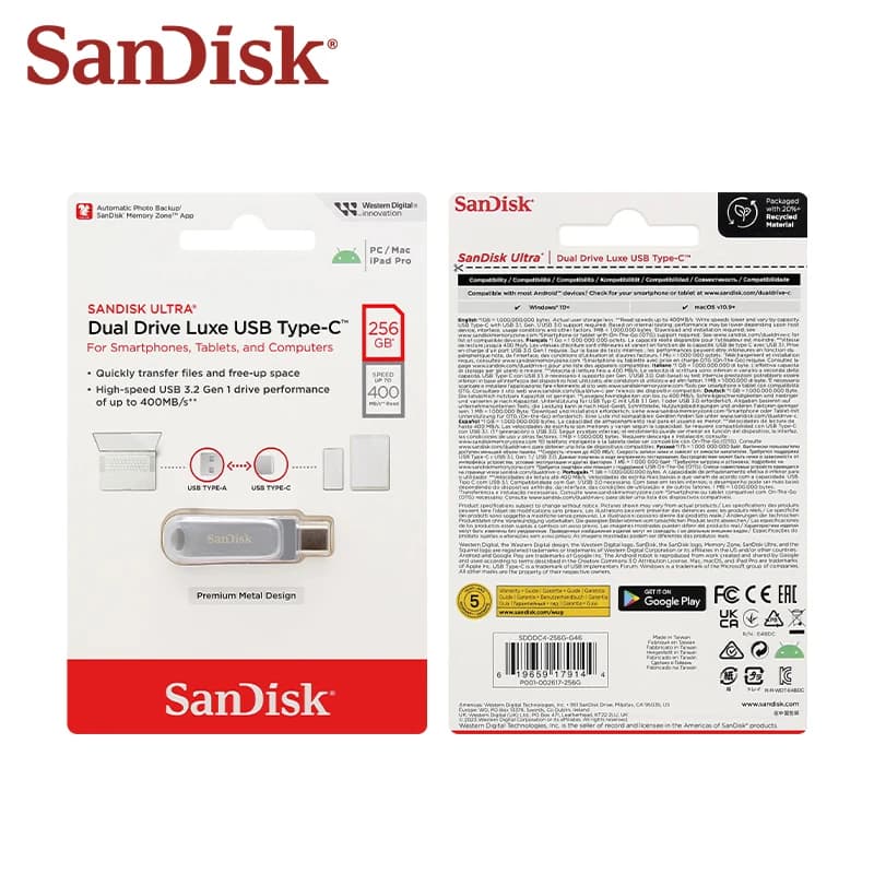 Sandisk DDC4 Dual Interface USB3.2 Pen Drive Mental Meory stick HighSpeed Up To 400MB/S 32GB 64GB 128GB 256GB 512GB 1TB - 4