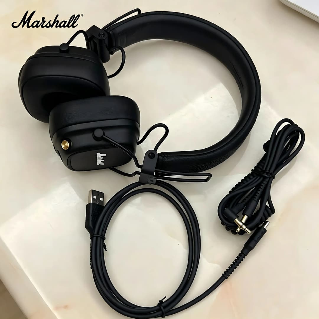 سماعات الرأس البلوتوث Marshall Major Ⅴ على الأذن، لاسلكية، باس عميق، قابلة للطي مع ميكروفون للرياضة والألعاب