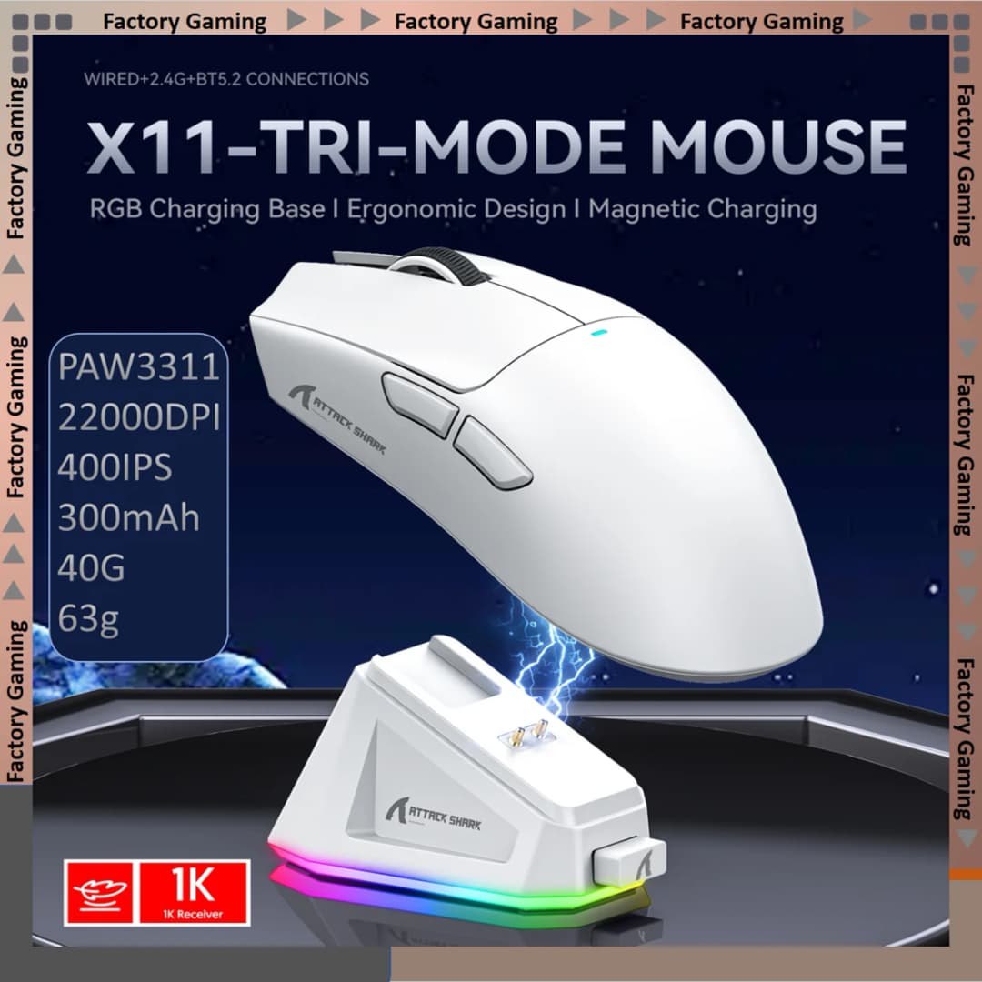 ATTACK SHARK X11-Mouse Tri-Mode Lightweight Gaming Mouse,PAW3311,22000DPI,400IPS,40G,1K Return Rate,Magnetic Fast Charging