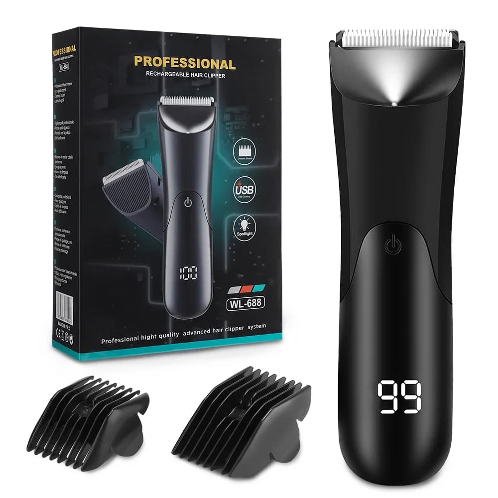 Electric Groin Body Hair Trimmer for Men Ceramic Blade Head Pubic Hair Ball Shaver Travel LED Display Body Chest Hair Razor