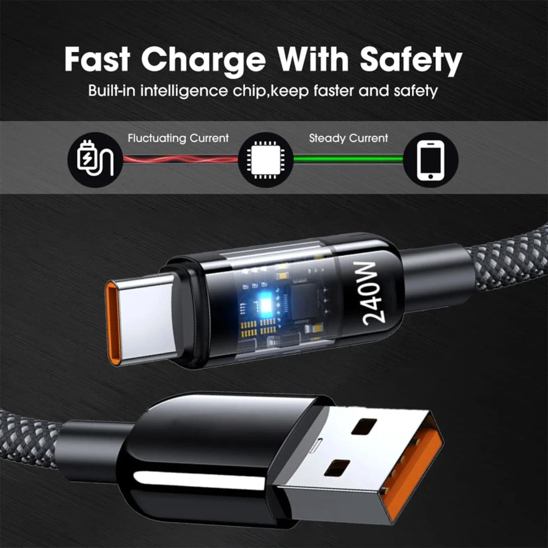 كابل شحن سريع NNBILI 240 واط من نوع USB C، كابل نايلون مضفر شفاف من نوع C، شاحن عالي السرعة لهواتف Samsung وHuawei وMi - 3
