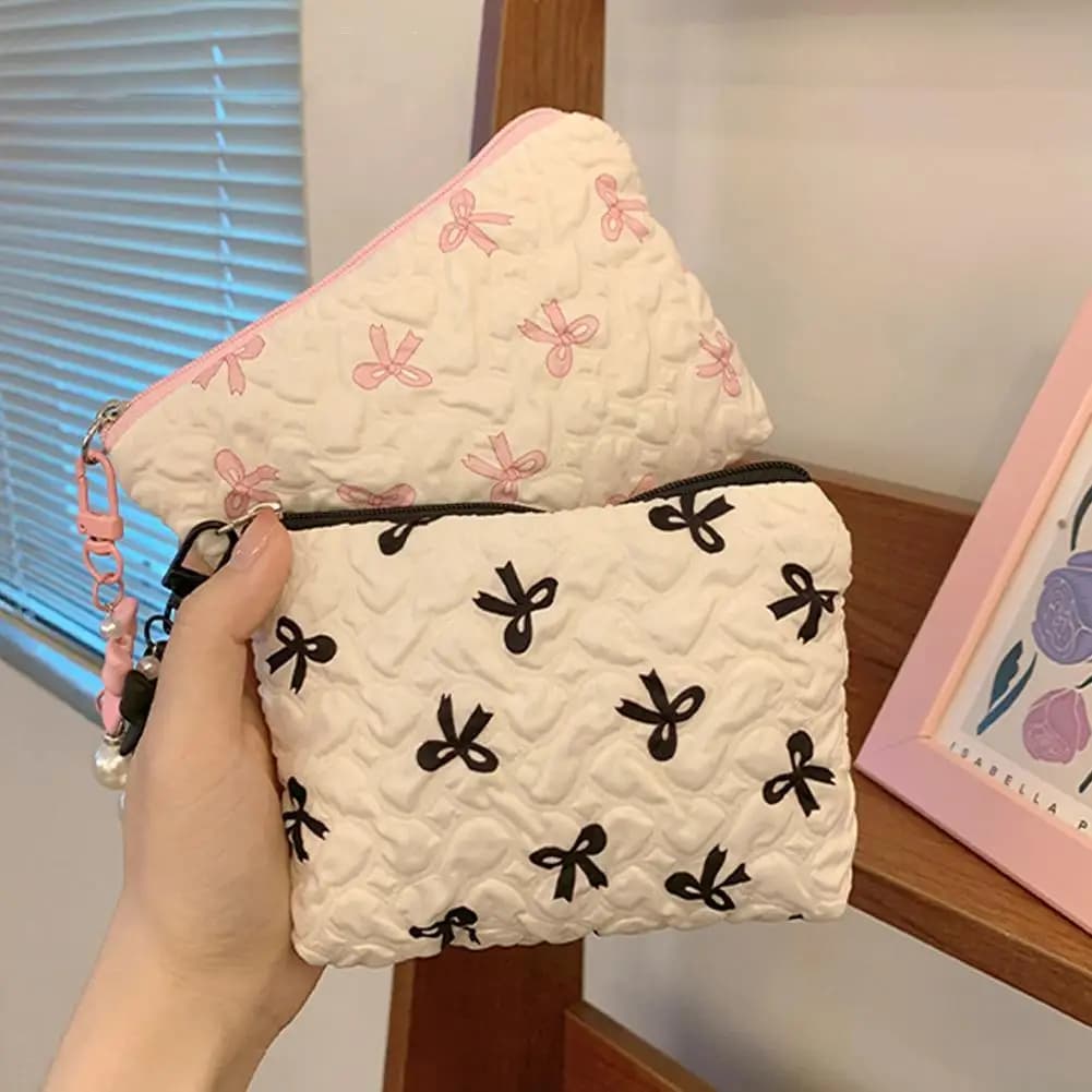 Cute Women Makeup Mini Bag Korean Bow Portable Coin Purse Small Pouch Handbag Kawaii Female Mini Cosmetic Storage Zipper Bag - 6