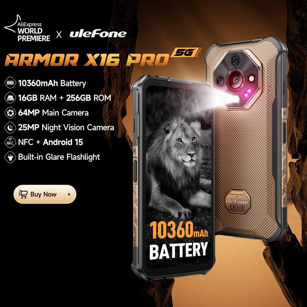 【عرض عالمي】 هاتف Ulefone Armor X16 Pro 5G متين ببطارية 10360 مللي أمبير وسعة تخزين 256 جيجابايت وNFC بنظام أندرويد مع Google Gemini