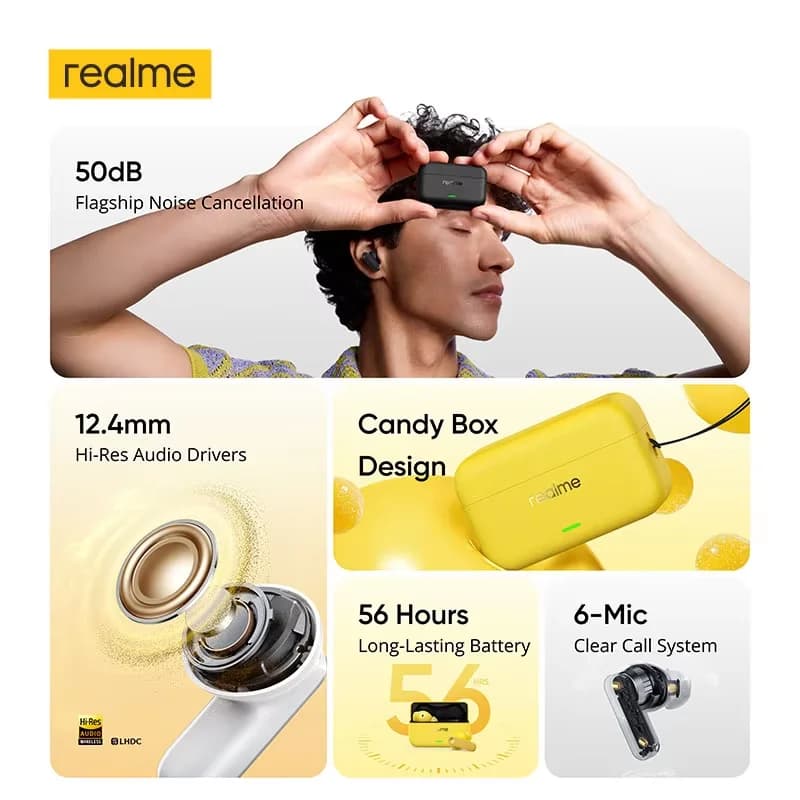 الإصدار العالمي realme buds T500 pro  12.4mm مشغل باس LHDC سماعات 50dB تقليل بلوتوث 6.1 IP55 TWS سماعات أذن لاسلكية - 2