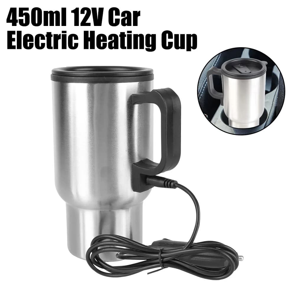 Camping Travel Kettle Electric Heating Car Kettle Vehicle Heating Cup 12V 450ml Stainless Steel Water Coffee Milk Thermal Mug