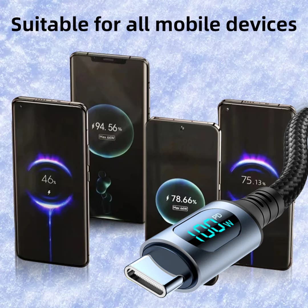 كابل شحن سريع 6A 120 واط، USB A إلى نوع C، نايلون مضفر، مع شاشة عرض رقمية LED، متوافق مع Xiaomi Redmi وسامسونج - 3