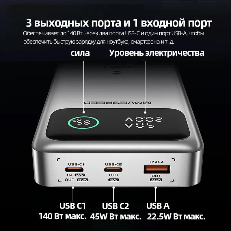بنك طاقة MOVESPEED M25Pro 140 واط 25000 مللي أمبير نوع C PD شحن سريع شاحن بطارية خارجي لماك بوك لابتوب لينوفو - 4