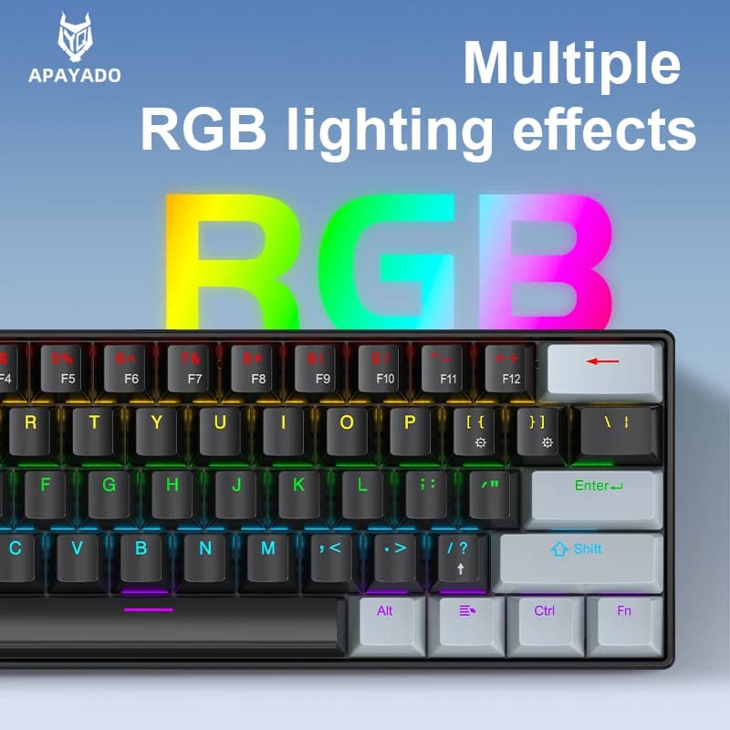 لوحة مفاتيح ميكانيكية صغيرة APAYADO K61 سلكية، 61 مفتاح، إضاءة فانتوم RGB، مفاتيح ميكانيكية سوداء/بيضاء حمراء/زرقاء للألعاب، محمولة 60% - 2