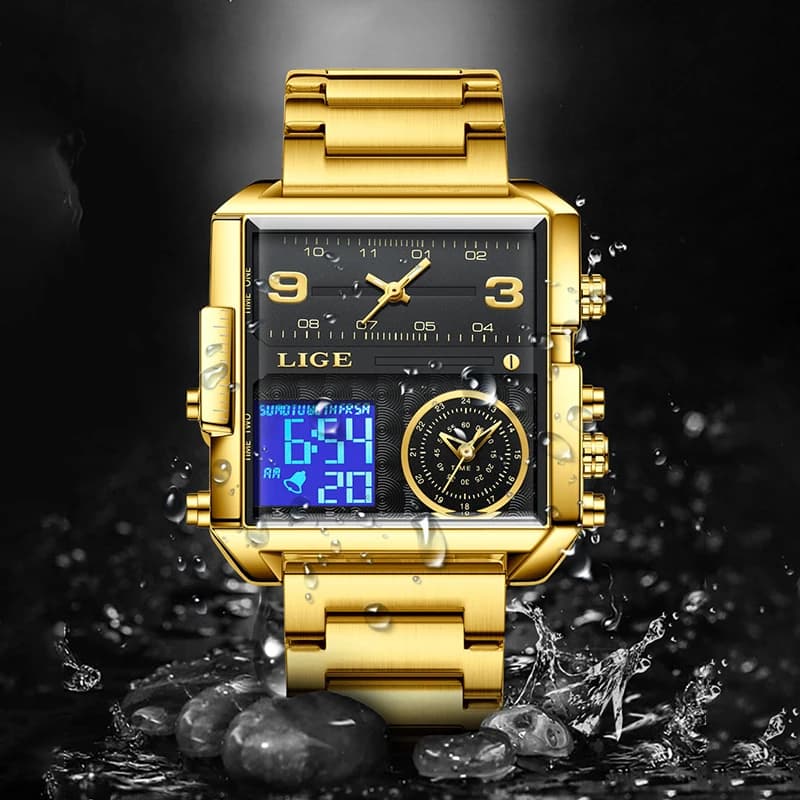 LIGE New Top Brand Luxury Fashion Men Watches Gold Steel Sports Square Digital Analog Big Quartz Watch for Man relogio masculino - 4