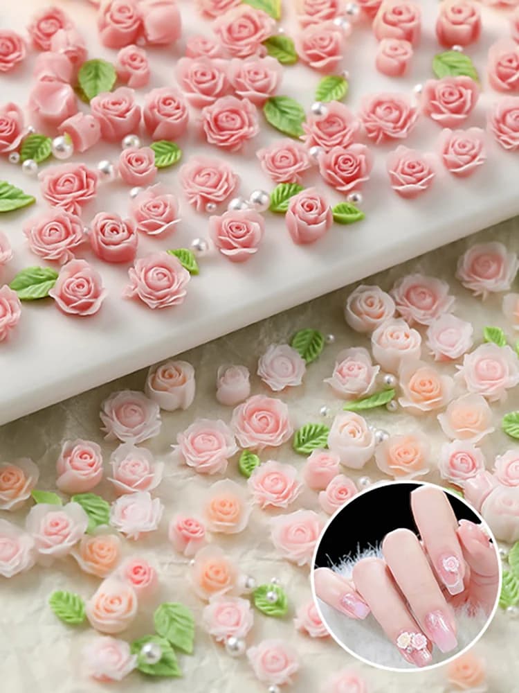 50Pcs 3D Size 6/7/8mm Pearl Resin Flower Rose Nail Charms Accessories Pink Rose Red Nail Art Luxury Decoratons Supplies DIY - 5