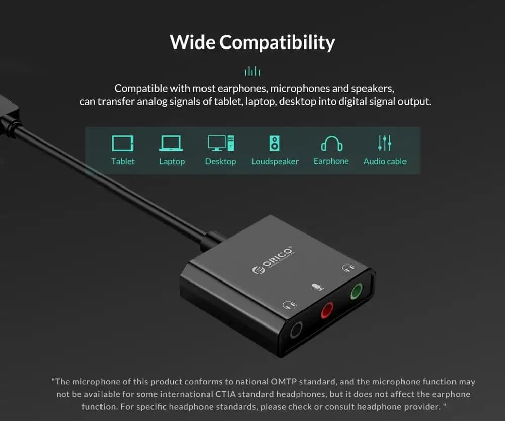 ORICO SC2 External USB Sound Card Audio Jack 3.5mm Cable Adapter Volume Adjustment Driver-free Stereo Microphone Speaker Headset - 3