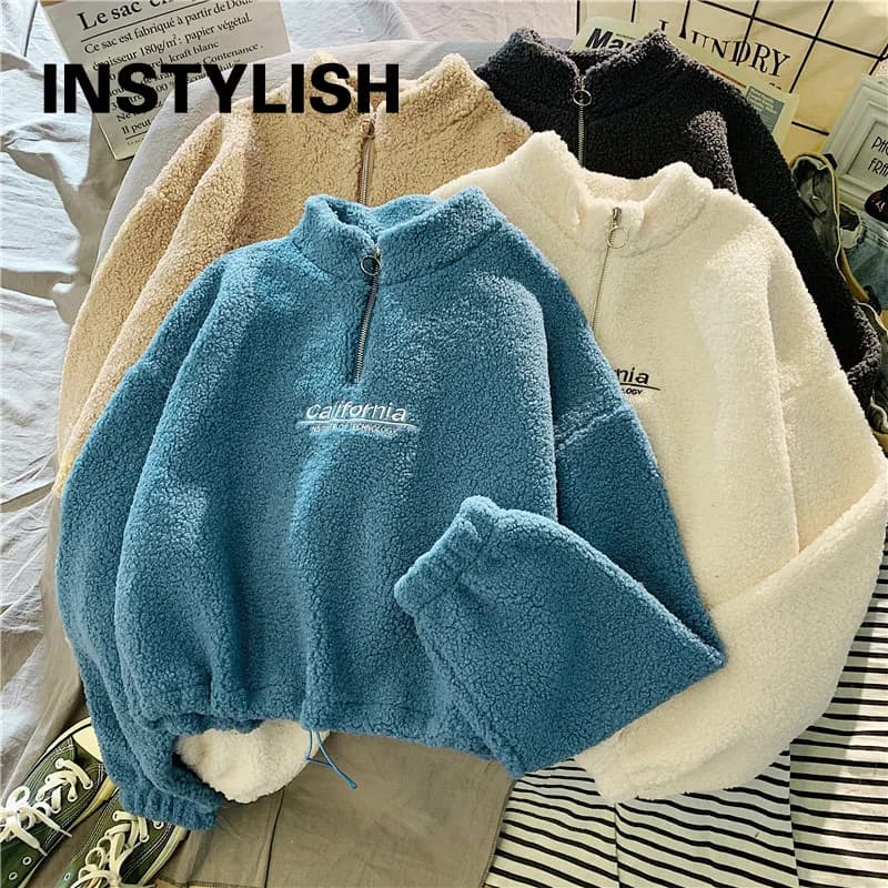 Women Stand Neck Fleece Cropped Hoodies Autumn Letter Embroidery Long Sleeve Drawstring Sweatshirt Elegant Plush Velvet Tops - 5