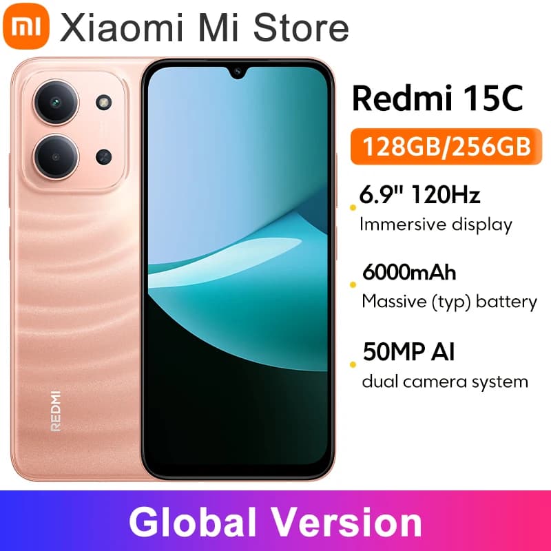 نسخة عالمية Xiaomi Redmi 15C هاتف ذكي بشاشة 6.9 بوصة بمعدل تحديث 120 هرتز وكاميرا رئيسية 50 ميجابكسل وشحن 33 واط ومعالج MediaTek Helio G81-Ultra