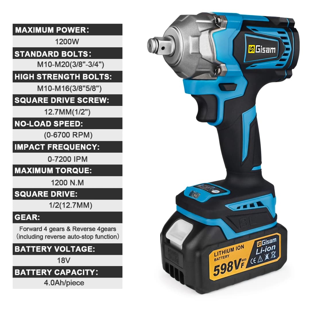 Gisam 1200N.M Torque Brushless Electric Impact Wrench 1/2 inch Cordless Wrench Screwdriver Power Tool For Makita 18V Battery Pin - 4
