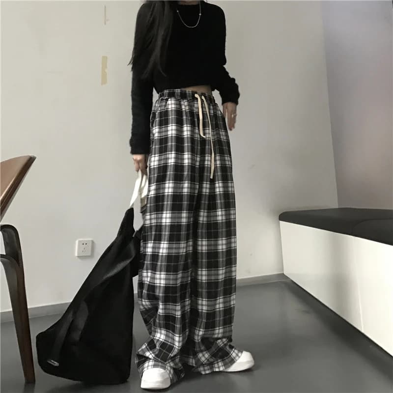 Oversize Women Sweatpants Fashion Black Plaid Casual Pants Baggy Elastic Waist Pockets Student Unisex Hip Hop Loose Trousers - 3