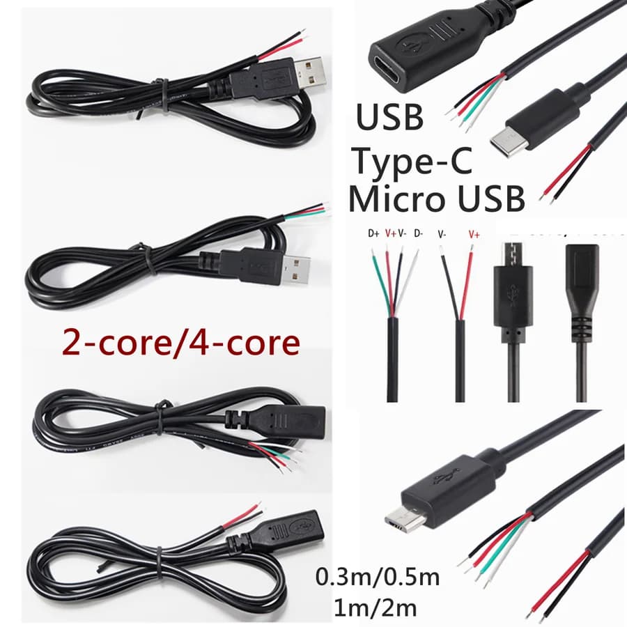 كابل طاقة 2 Pin USB A TYPE-C أنثى ذكر 4 Pin سلك جاك شاحن كورد تمديد موصل DIY 5V خط 2/4 نواة