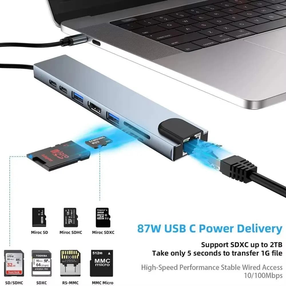 محطة توصيل USB 3.0 Type C HUB إلى HDMI 4K 30HZ، محول إيثرنت Type C إلى RJ45 100Mbps، موسع VGA، شاحن PD 100W - 2