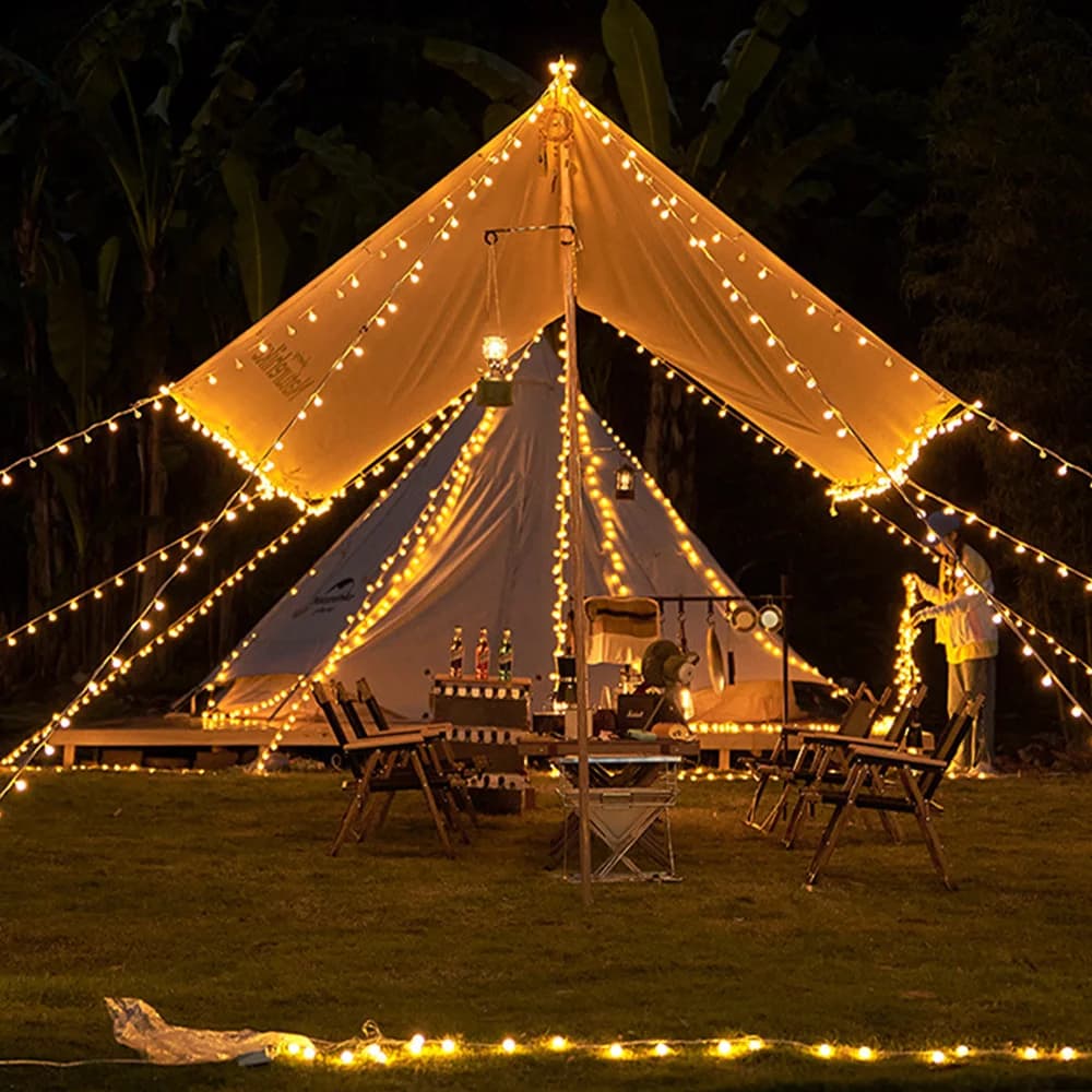 أضواء سلسلة تخييم، مصباح تخييم خارجي، أضواء كريستال كروية مقاومة للماء تعمل عبر USB، إضاءة فناء لخيمة التخييم